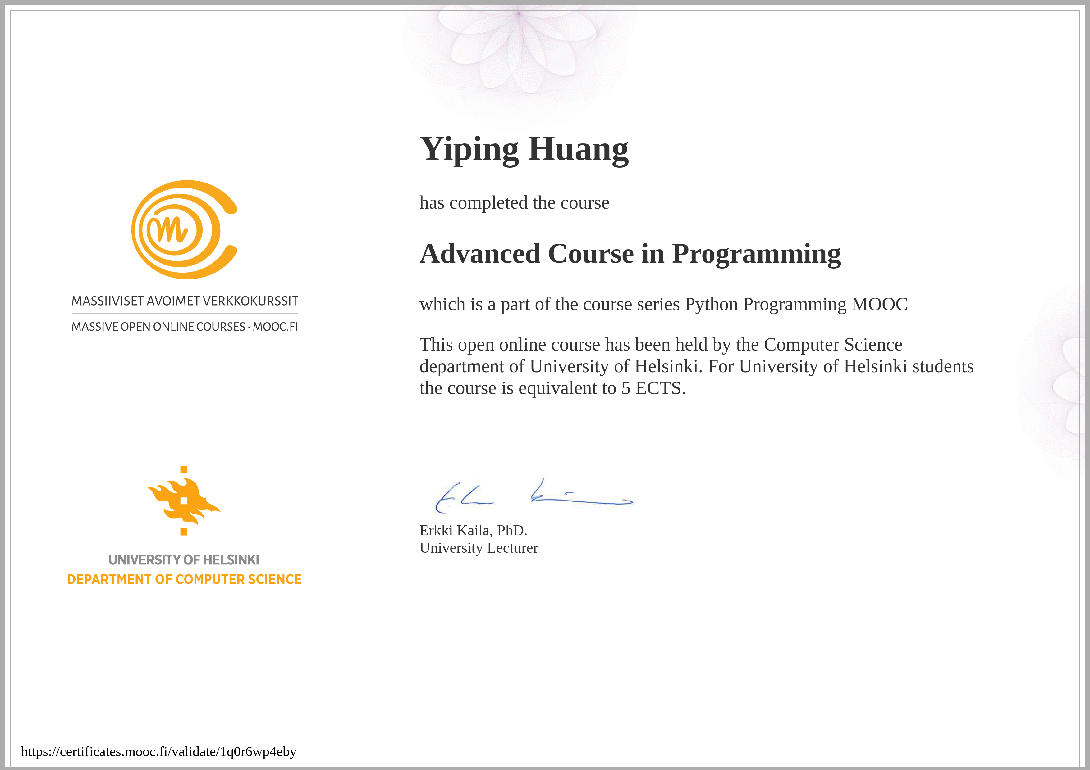 Advanced Programming Certificate