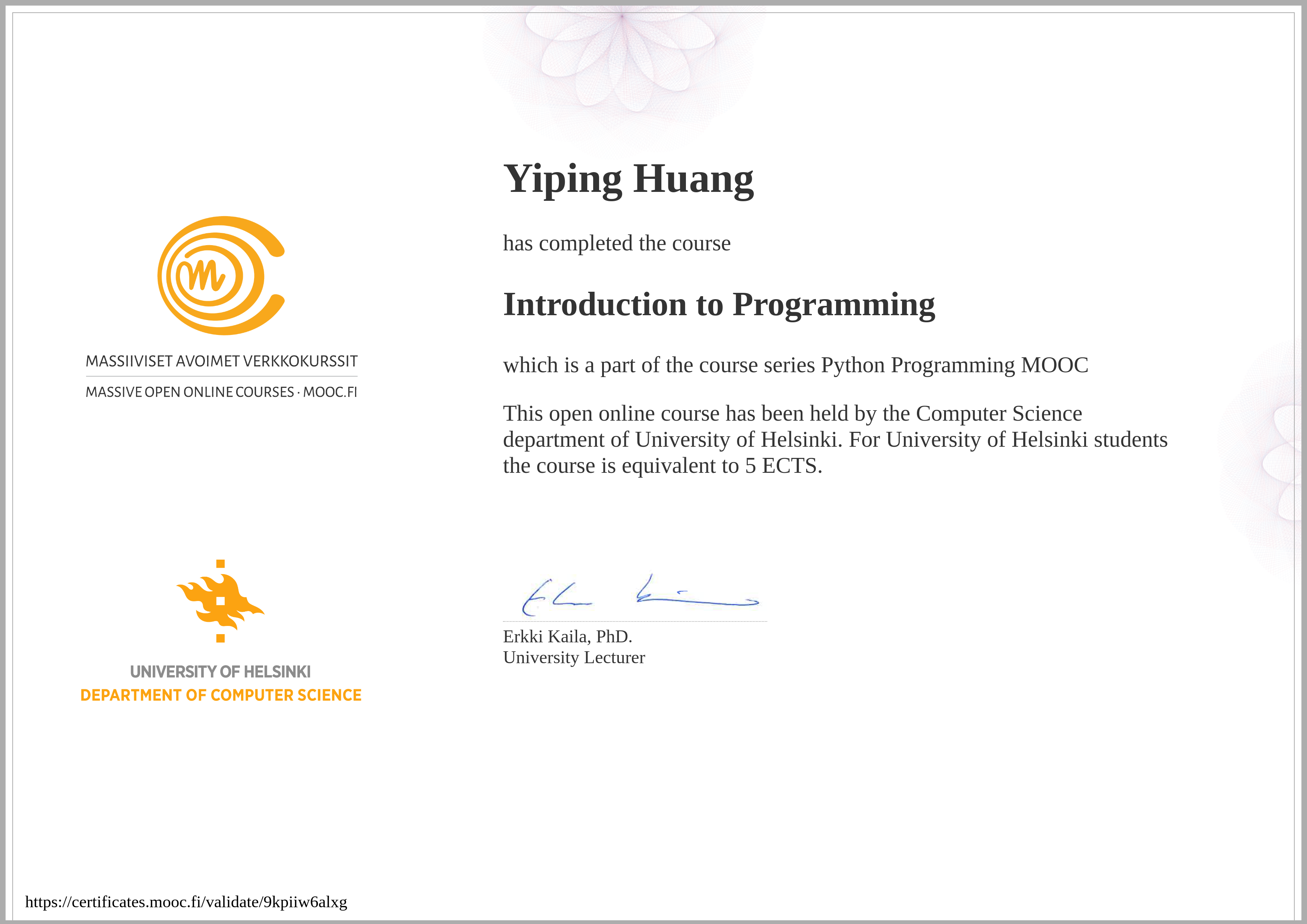 Introduction to Programming Certificate